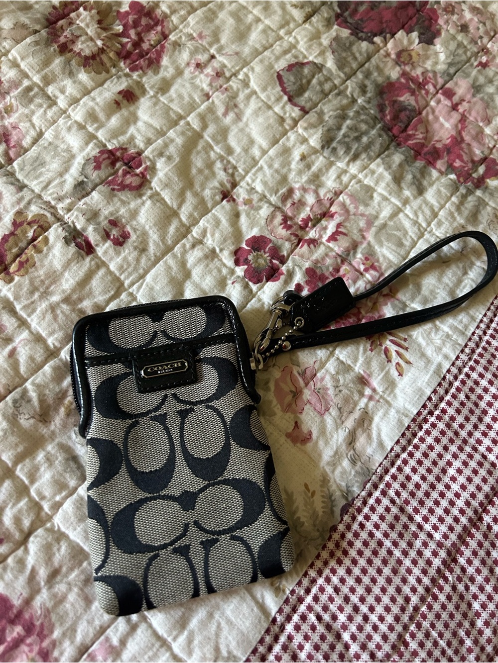 Coach Black/Tan Signature Canvas Wristlet Phone Pouch